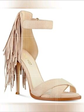 Nine West Hustle Beige Suede Fringe Heeled Sandals Ankle Strap Size 7